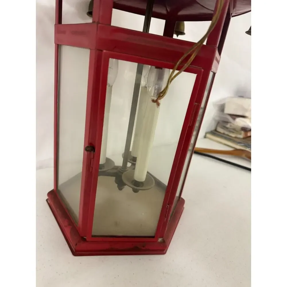 Vtg 1988 Triarch Industries Red Metal Asian Pagoda Hanging Lantern Bell Chimes